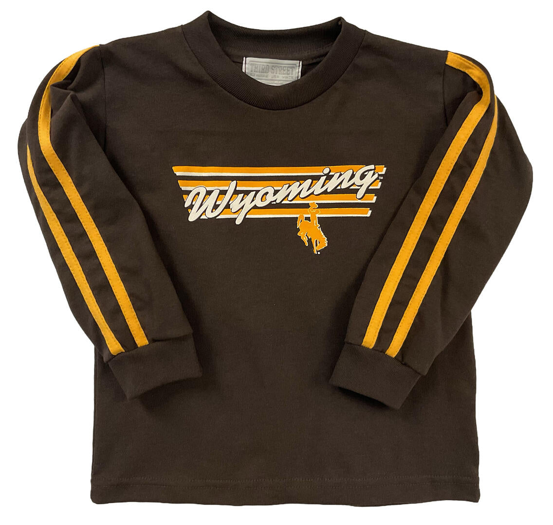 Brown long-sleeve infant shirt with 'Wyoming' and bucking horse center chest in gold and white. Has gold pin stripes down sleeves