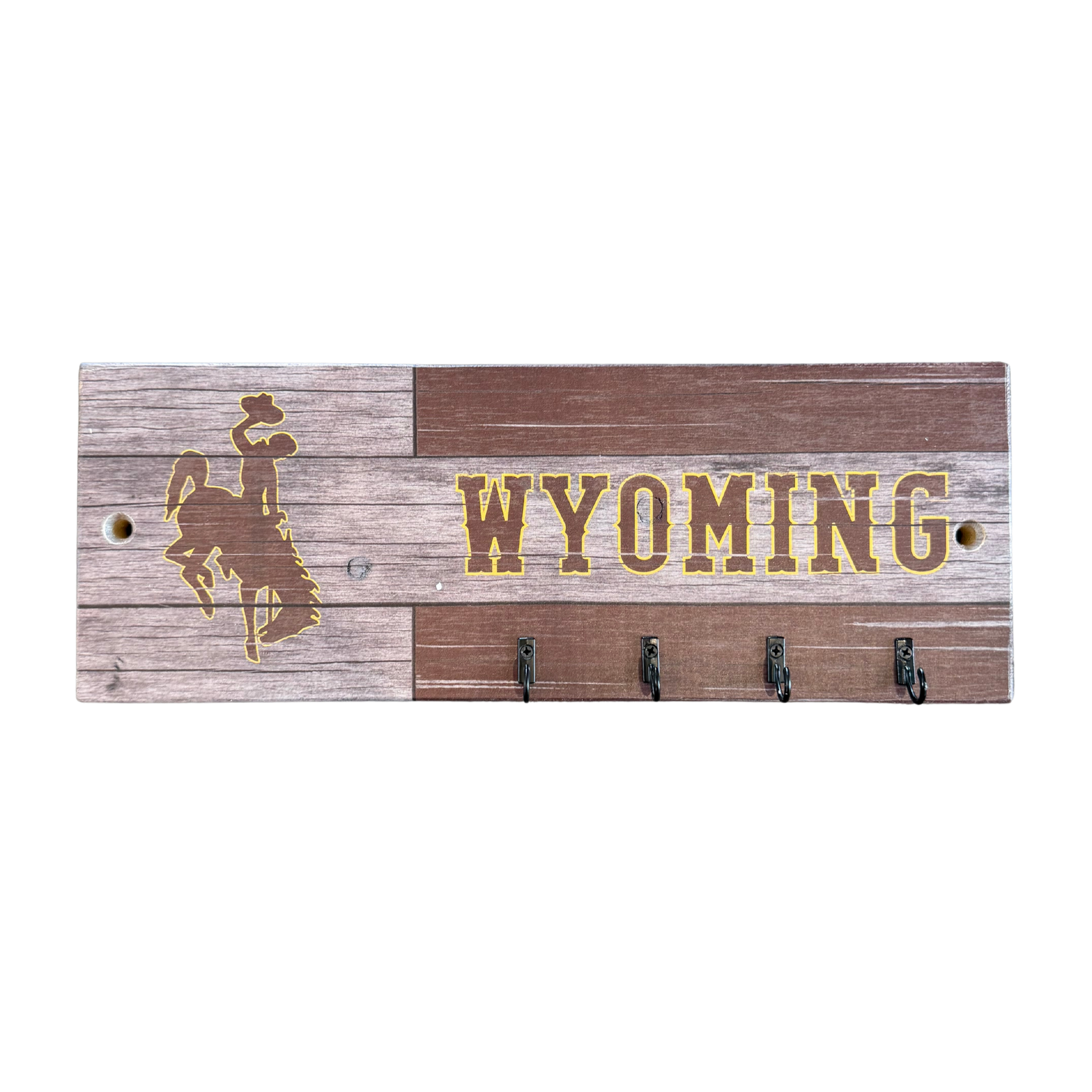 wooden key rack with four metal hooks. has bucking horse wyoming in brown with gold outline for design on the rack