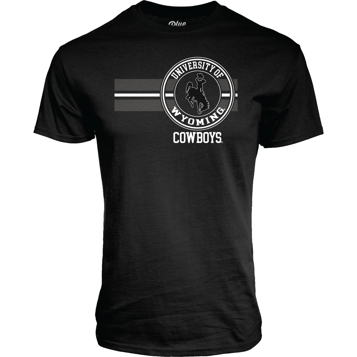 Black t-shirt with 'University of Wyoming Cowboys' logo in white and grey all center chest