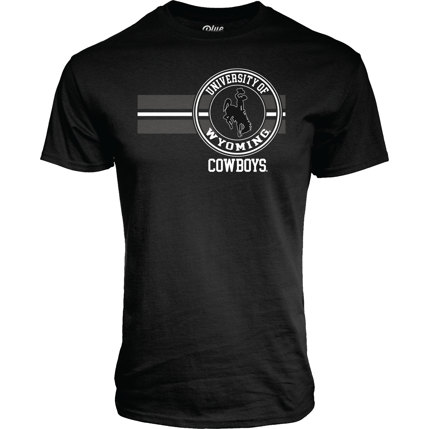 Black t-shirt with 'University of Wyoming Cowboys' logo in white and grey all center chest