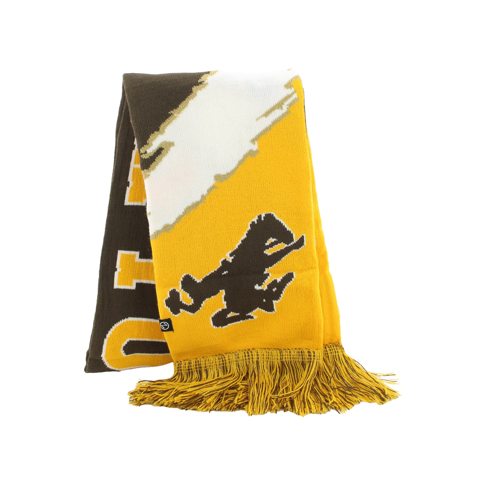 A folded knit scarf featuring a bold yellow, brown, and white color-blocked design with a brown bucking  horse logo and fringe at the bottom, shown on a plain white background.