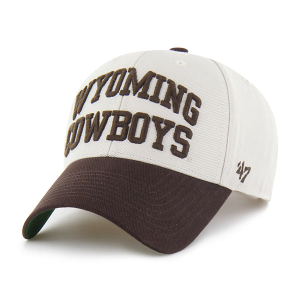 Cream hat with brown brim. Has 'Wyoming Cowboys' embroidered on the front in brown. Is pictured on a white background.