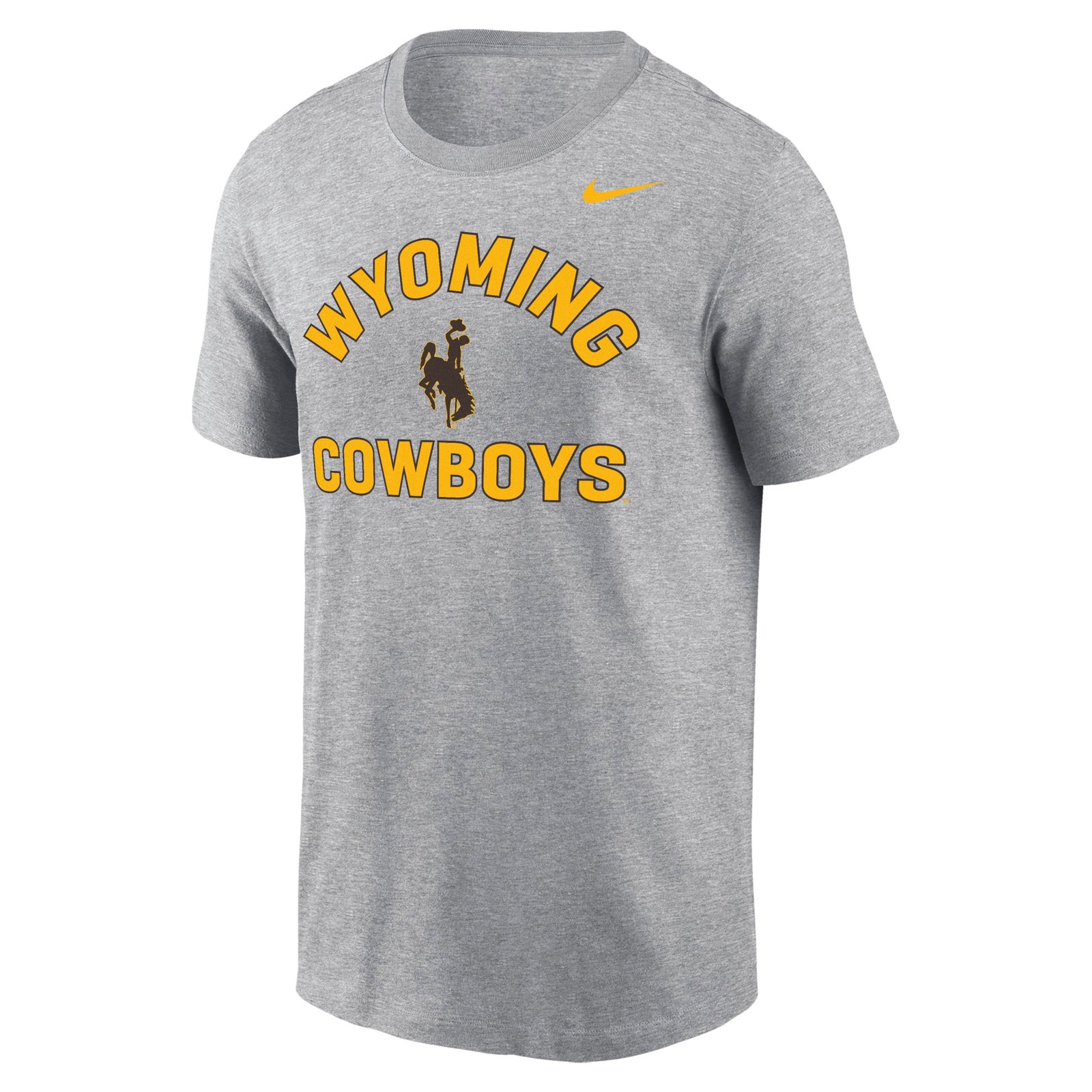 Gray t-shirt with 'Wyoming Cowboys' text and logo in gold with nike logo at top