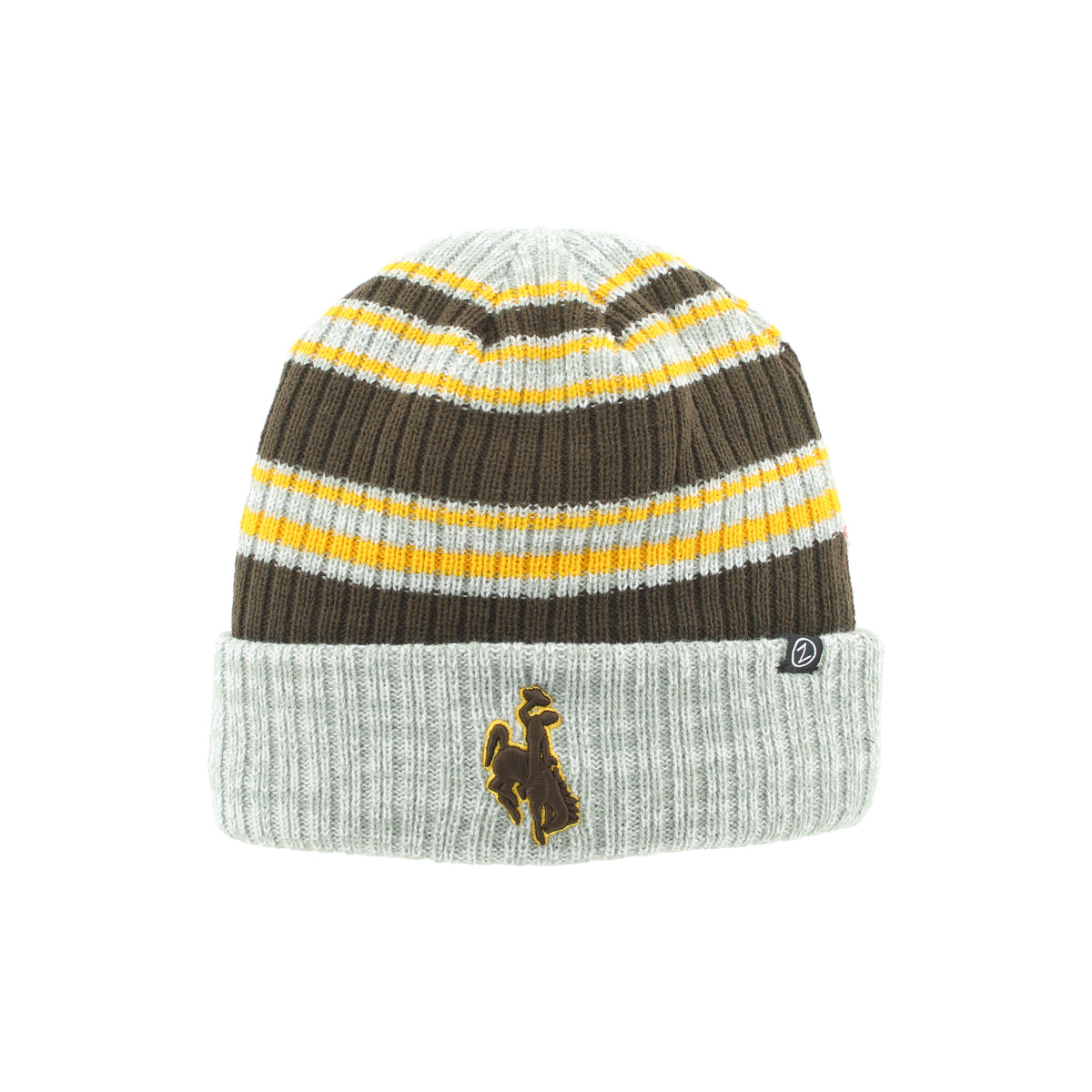A ribbed knit beanie hat with horizontal stripes in dark brown, light gray, and yellow on the upper portion, and a solid light gray folded cuff at the bottom. A small embroidered brown horse logo is visible on the cuff, and a small black circular tag is on the right side.