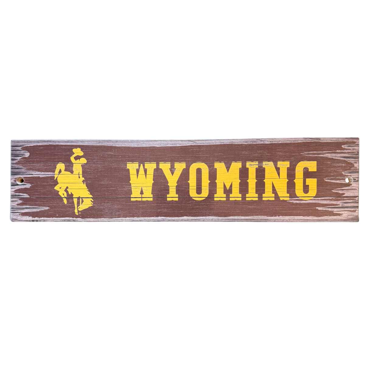 Wooden sign with 'Wyoming' and a bucking horse logo with a wooden background.