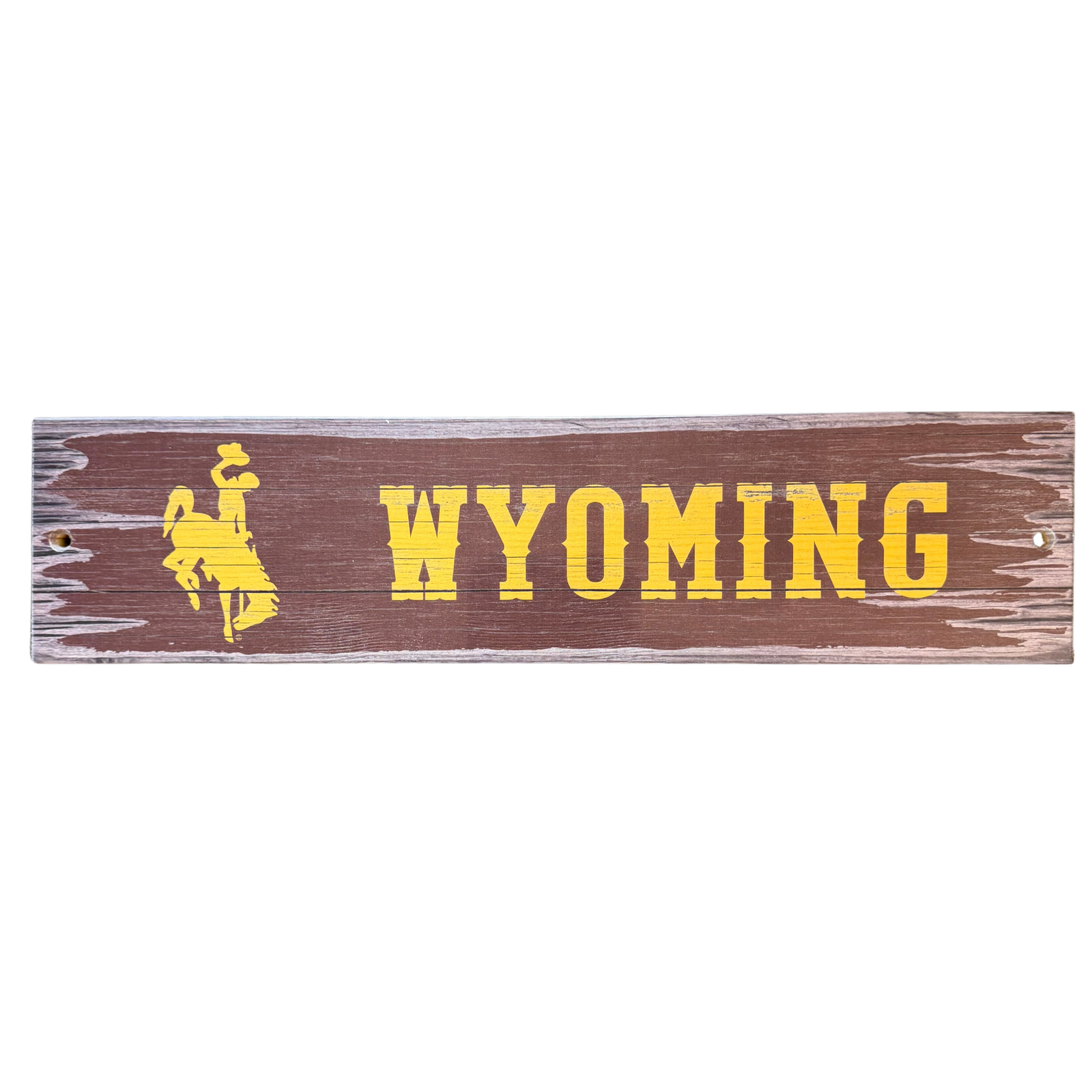 Wooden sign with 'Wyoming' and a bucking horse logo with a wooden background.