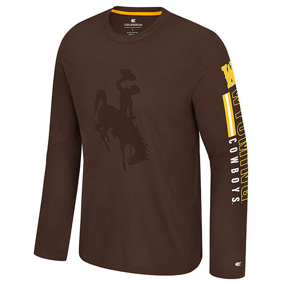 Brown long sleeve tee with brown bucking horse logo on front and "W" and Wyoming Cowboys on the left sleeve in gold and white. Pictured on a white background.