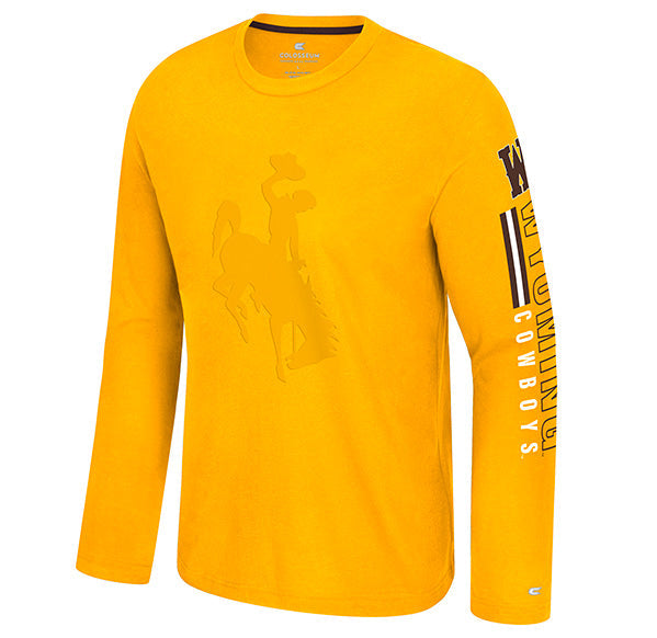 A bright yellow long-sleeve t-shirt with a tonal cowboy graphic on the chest and vertical black, white, and gray graphic text on the right sleeve, displayed on a plain white background.