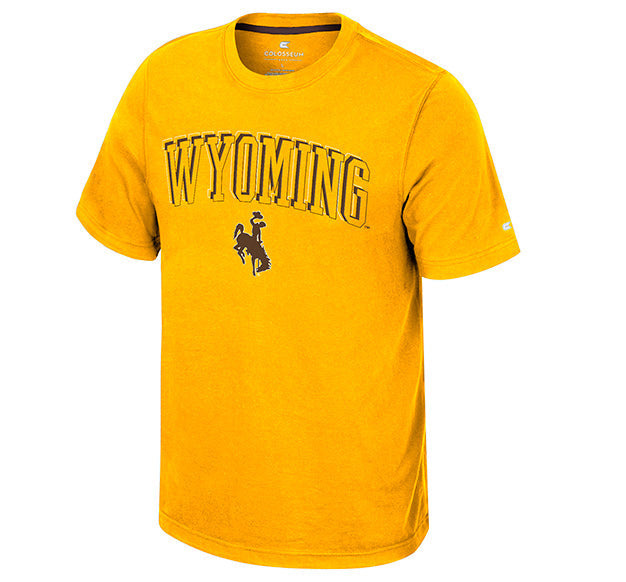 A yellow short-sleeve t-shirt with 'WYOMING' and the bucking horse logo printed on the front, shown against a plain white background.