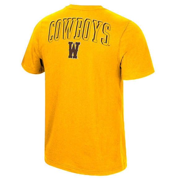 A yellow short-sleeve t-shirt shown from the back, featuring 'COWBOYS' in arched varsity letters with a 'W' logo underneath, set against a plain white background.