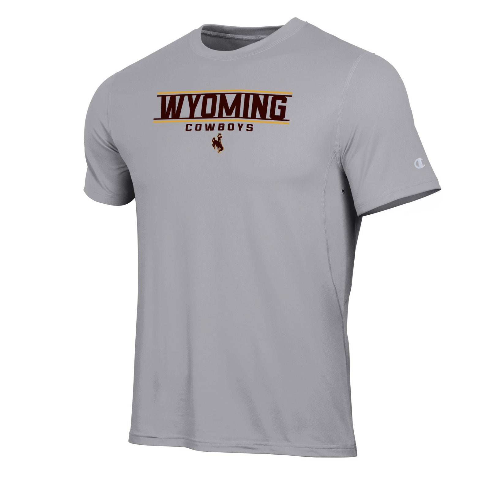 grey tee shirt with"Wyoming Cowboys" and bucking horse logo in brown on front center chest.