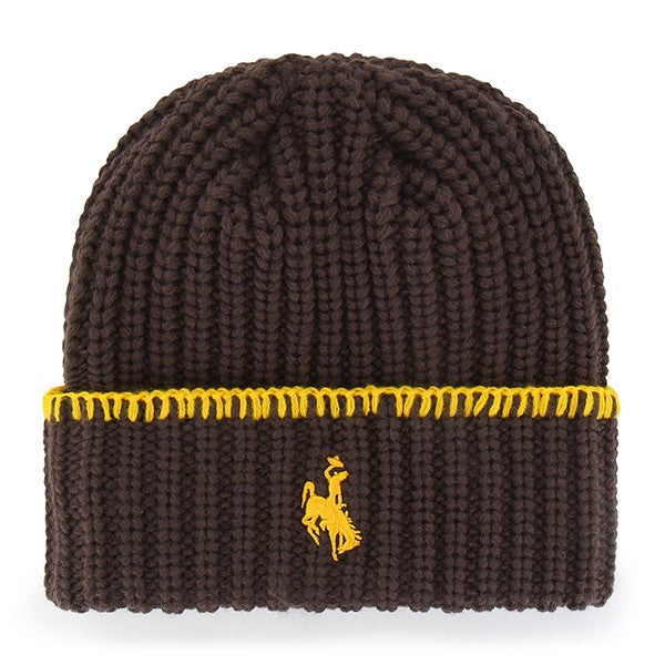 A dark brown ribbed knit beanie hat featuring a bright yellow stitched band and a matching yellow embroidered bucking horse logo on the front cuff, set against a plain white background.