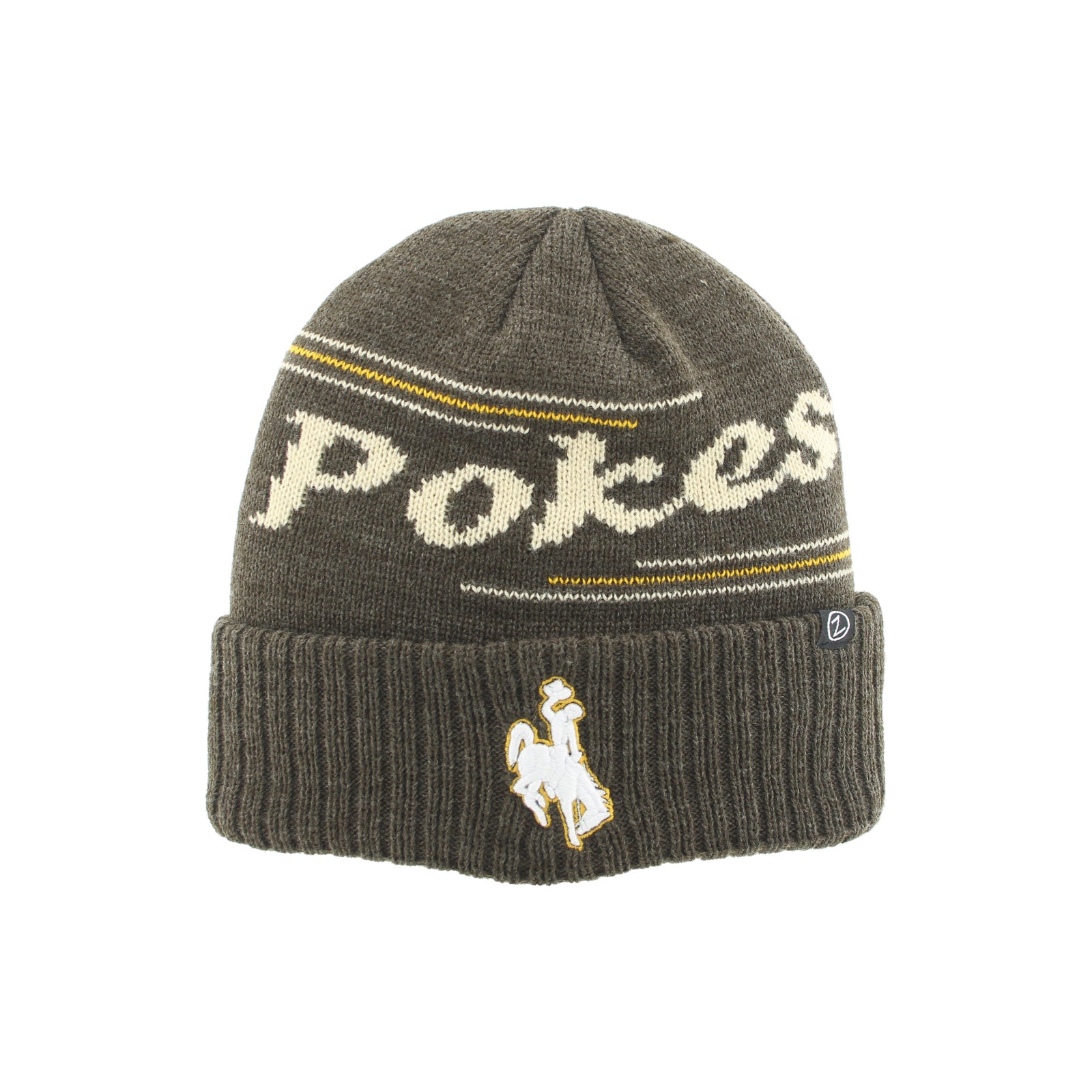 An brown knit beanie featuring the word 'Pokes' in cream and gold, with a small white bucking horse logo on the ribbed cuff.