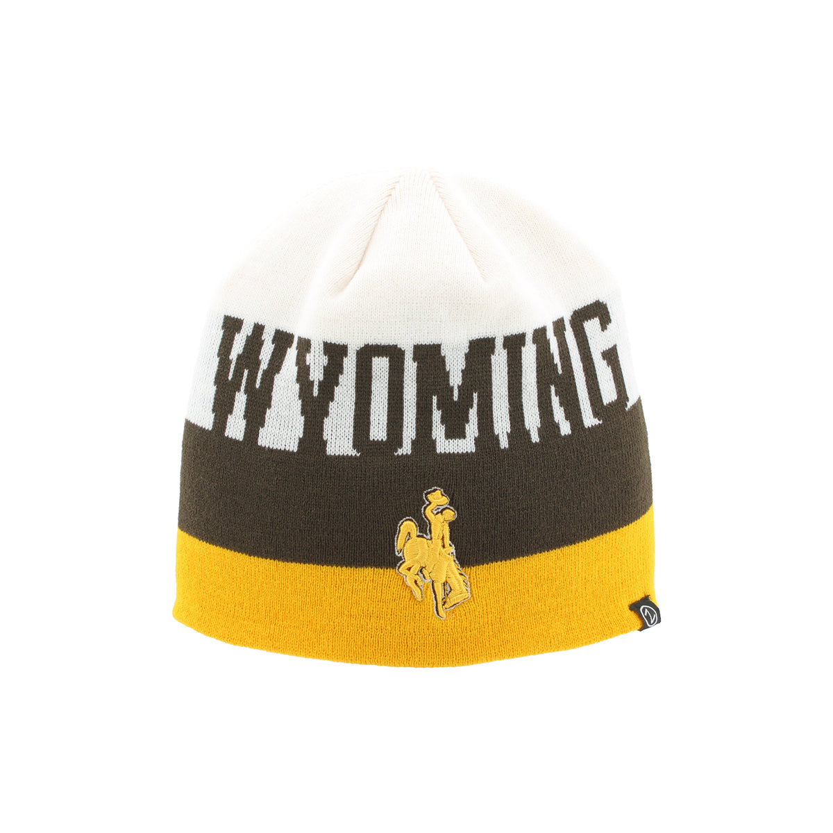 A knit beanie hat featuring three horizontal color bands: white on top, dark brown in the middle with 'WYOMING' in white block letters, and a mustard yellow band on the bottom. A small embroidered yellow bucking horse logo is on the front, and a small black tag is on the right side.