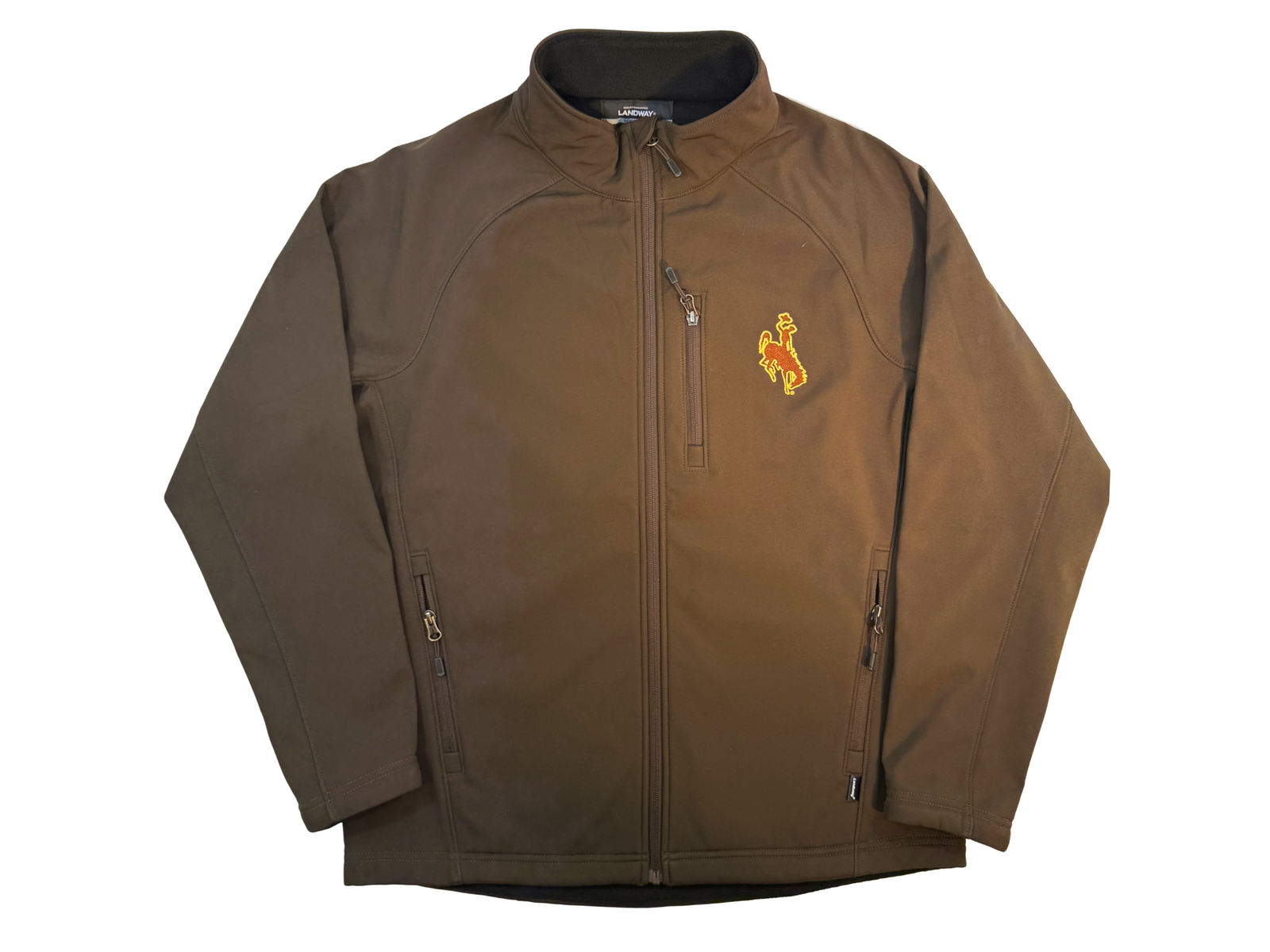 brown full zip soft shell jacket with brown bucking horse embroidered on left chest with gold outline.
