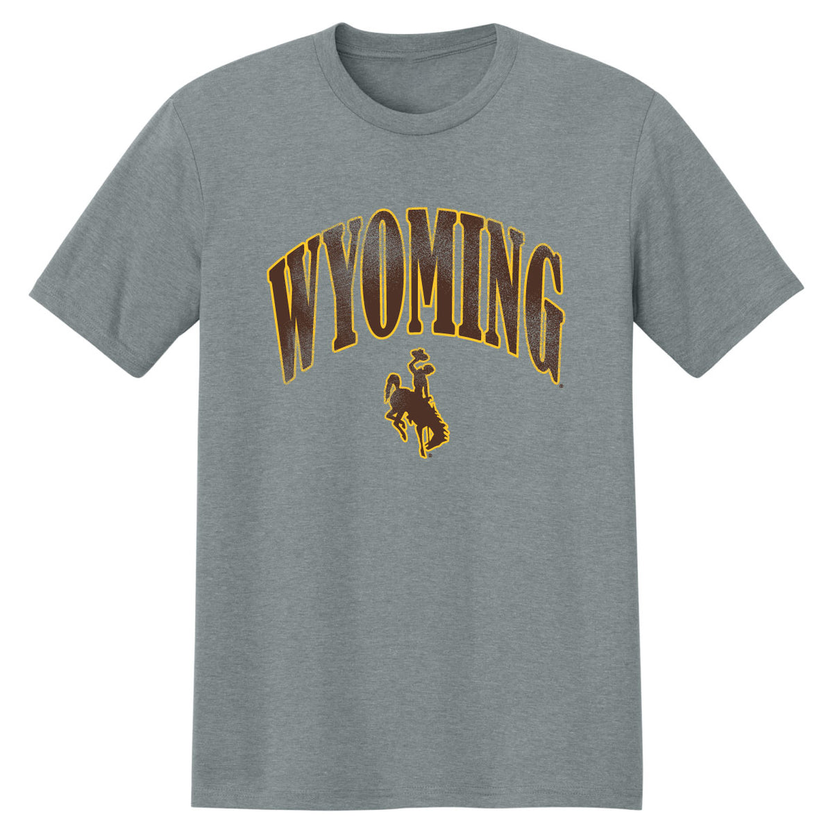 grey tee shirt with wyoming and bucking horse in brown with gold outline. all center chest