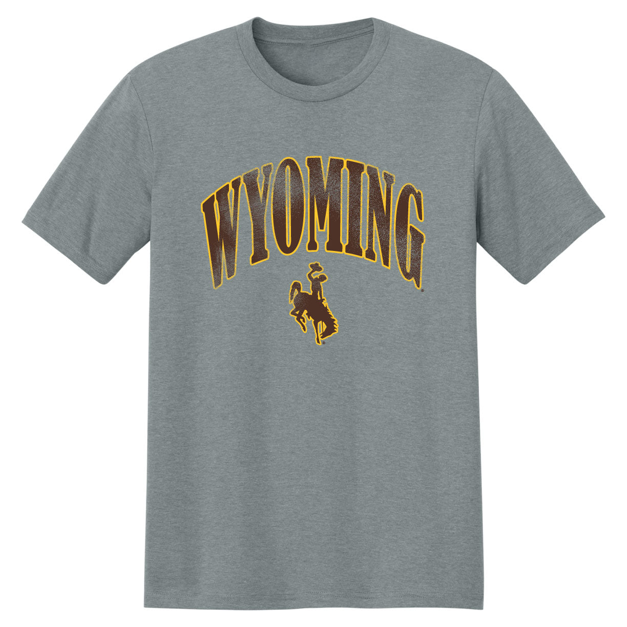 grey tee shirt with wyoming and bucking horse in brown with gold outline. all center chest