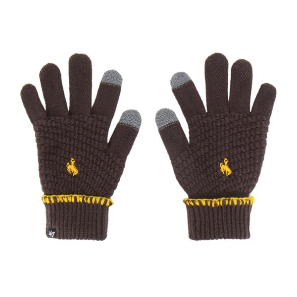 Brow gloves with small gold bucking horse logo on back of hand. Has gold stitching on bottom. Pictured on a white background.