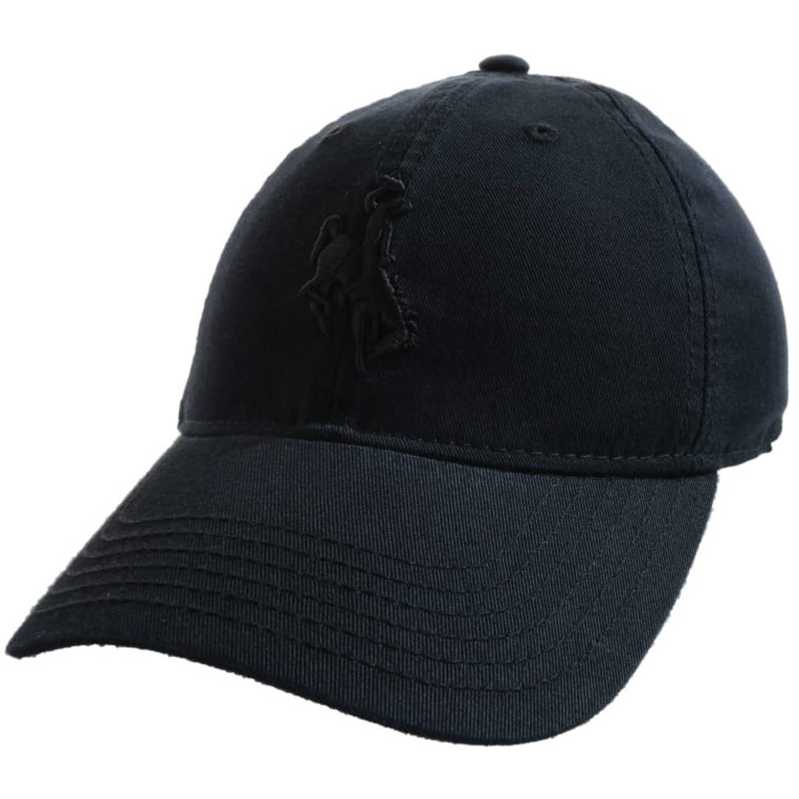 Black baseball cap with a embroidered bucking horse logo pictured on a white background