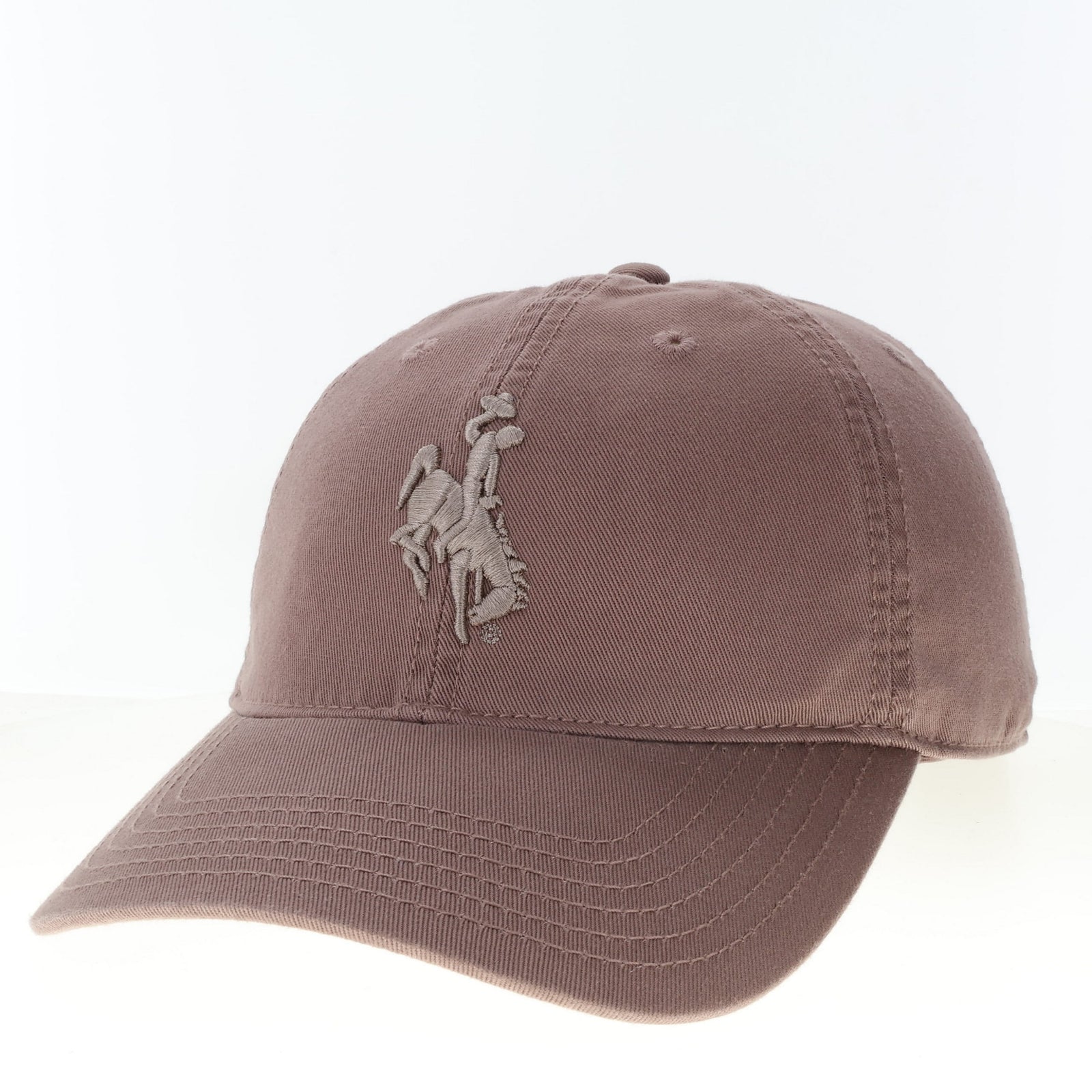 brownish pink adjustable hat with embroidered bucking horse in same color centered on front panel.