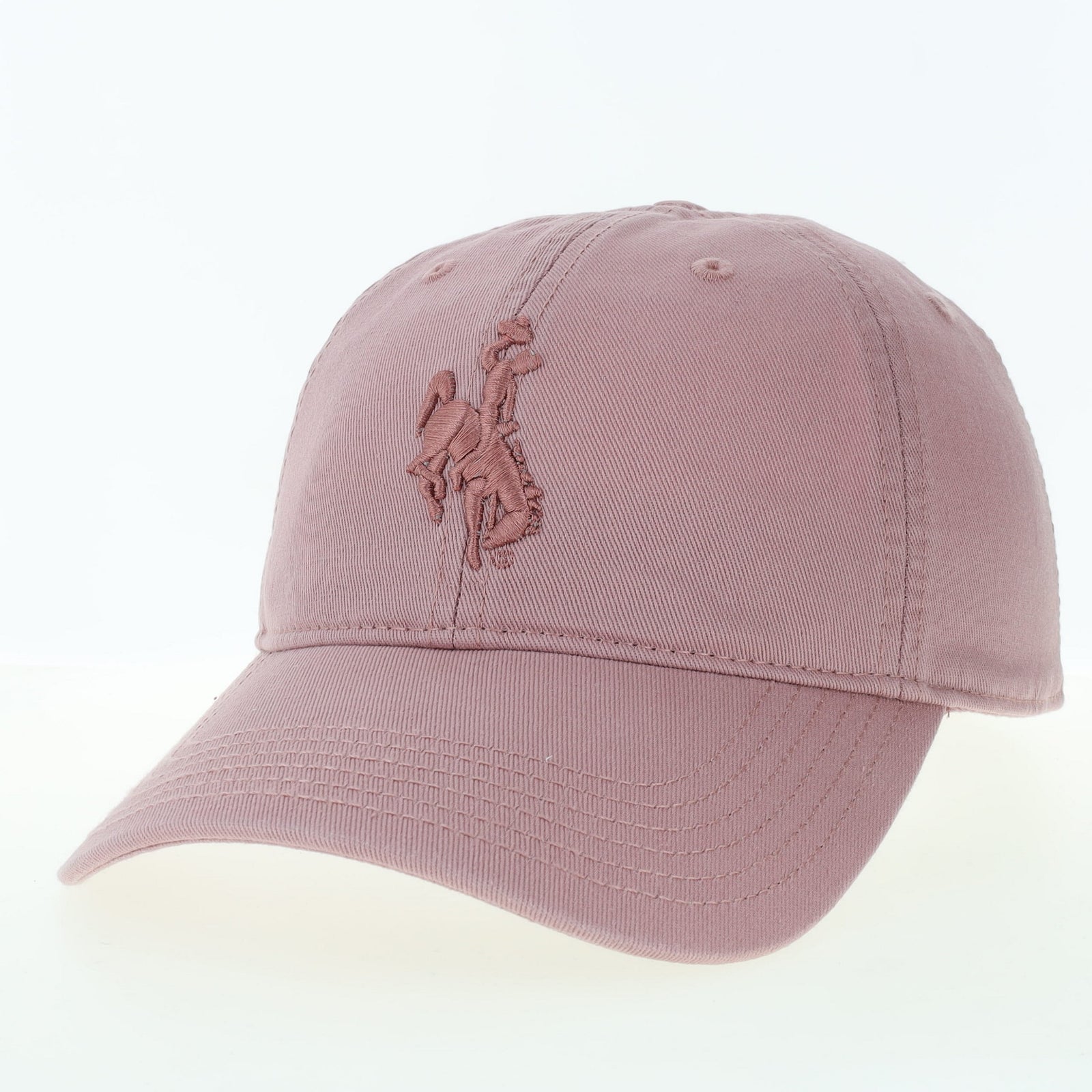 Pink cap with a bucking horse logo embroidered pictured on a white background