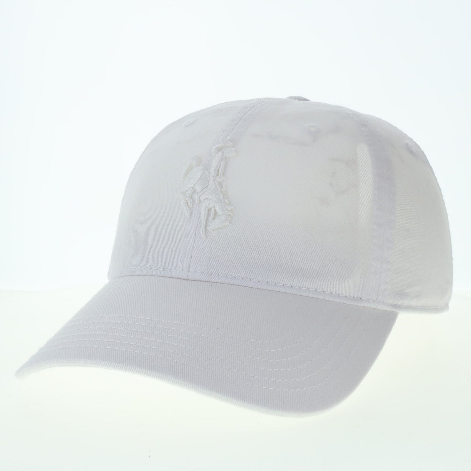 White baseball cap with a bucking horse logo on a white background