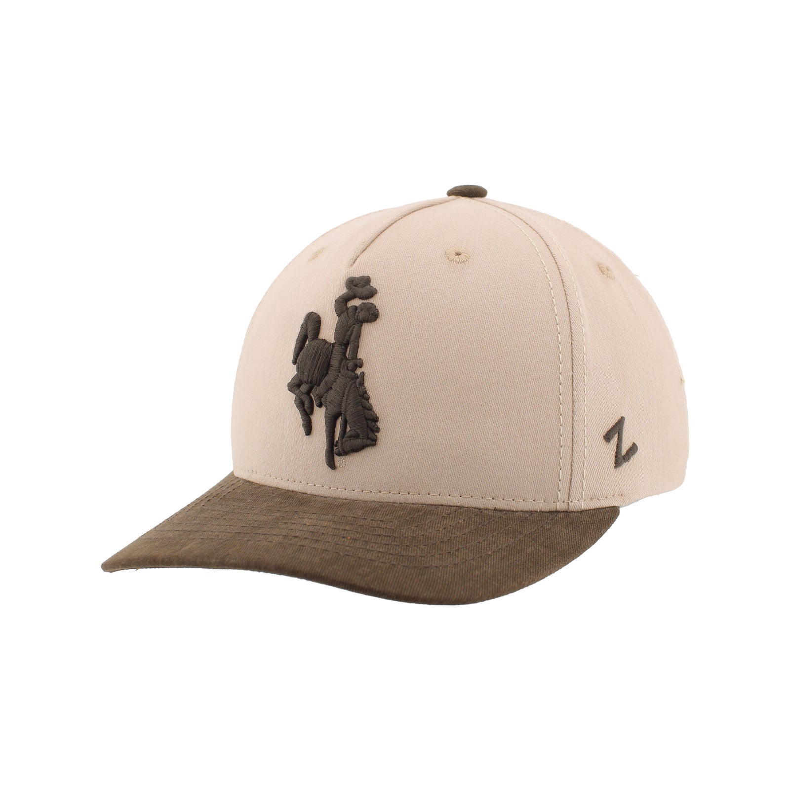 Stone adjustable hat with brown brim. has brown embroidered bucking horse on front panel.