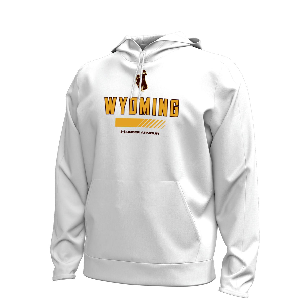 White hoodie with bucking horse and  'Wyoming' text with Under Armour logo underneath all in gold and brown.