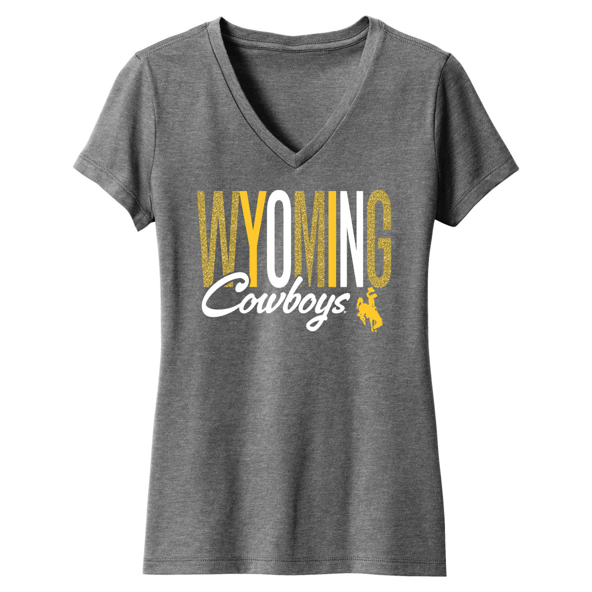 grey women's V-neck tee shirt with design center chest. has wyoming in gold and white with cowboys script below and bucking horse to the right of script