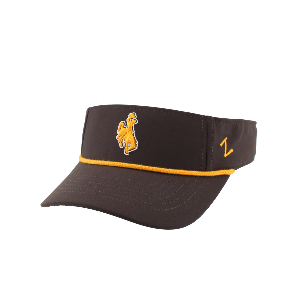 Brown visor with gold rope. Has gold bucking horse embroidered centered on front.