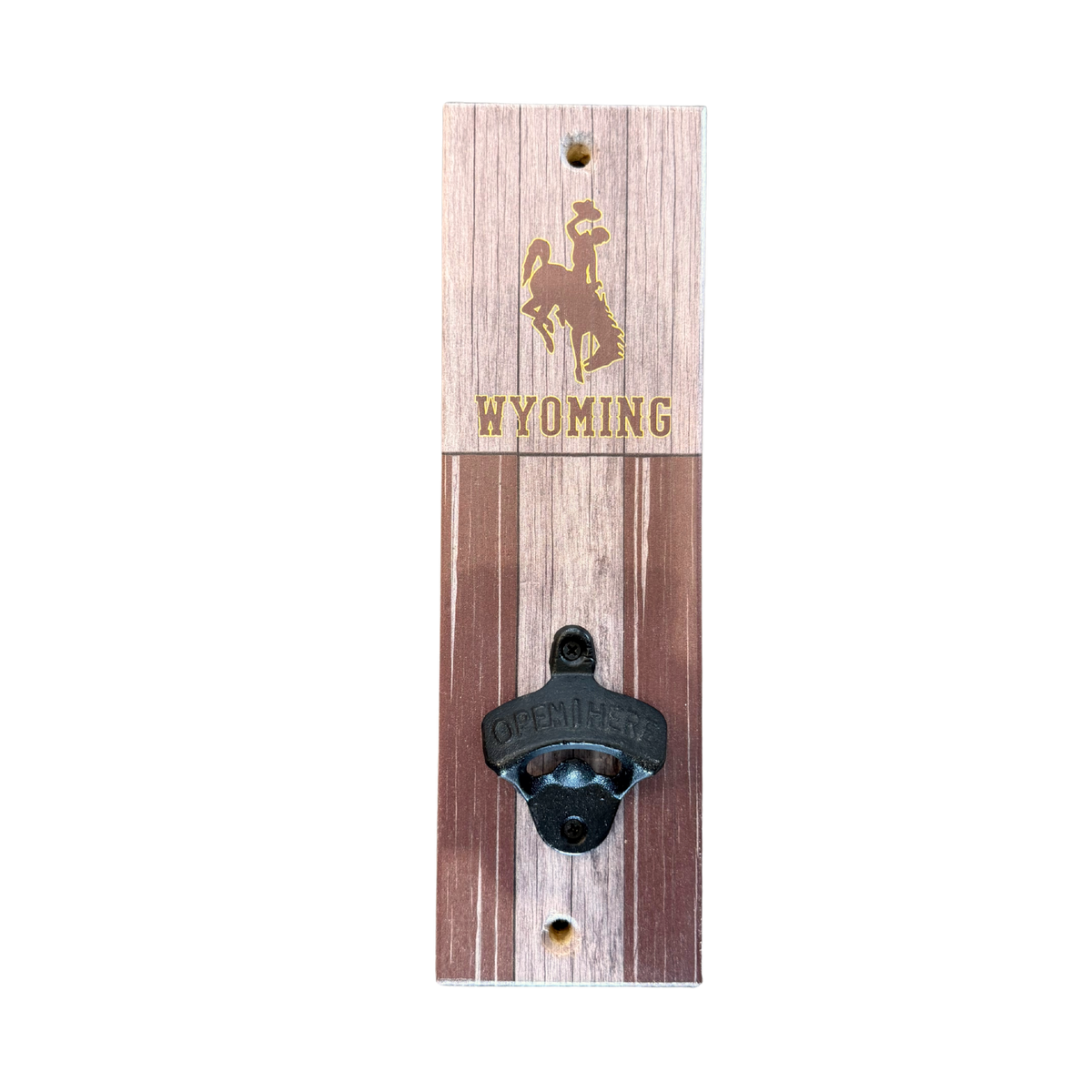 Wooden bottle opener with 'Wyoming' and bucking horse logo