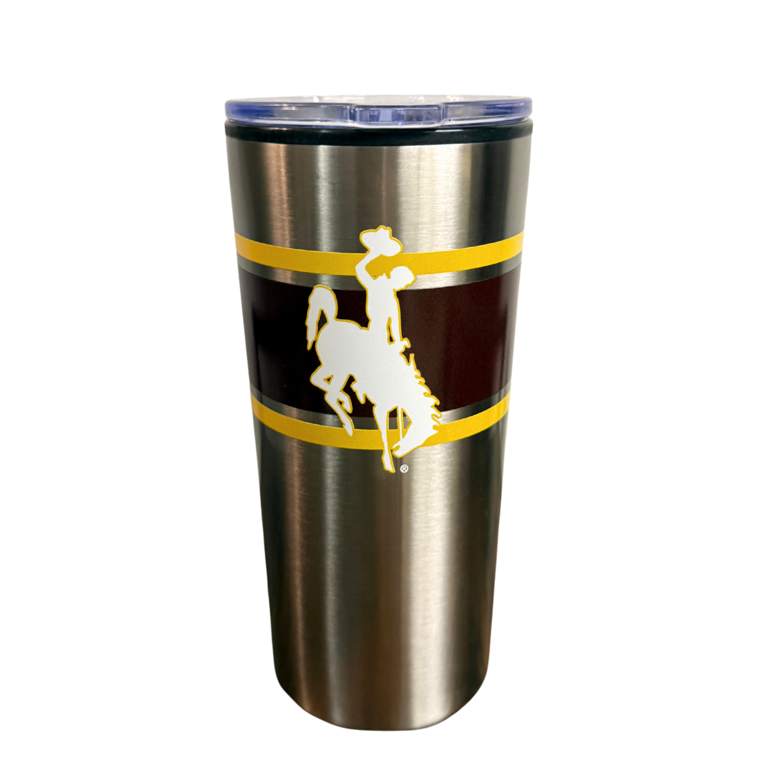 Stainless steel tumbler with a white bucking with a yellow and brown striped band around. 