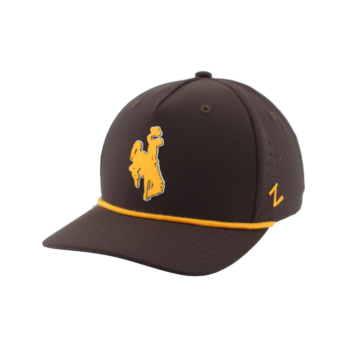 Brown adjustable hat with gold rope. Has gold silicone patch centered on front.