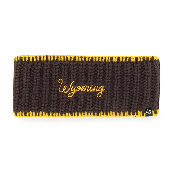 Brown headband with gold outline. Has gold wyoming lettering stitched. Pictured on a white background.