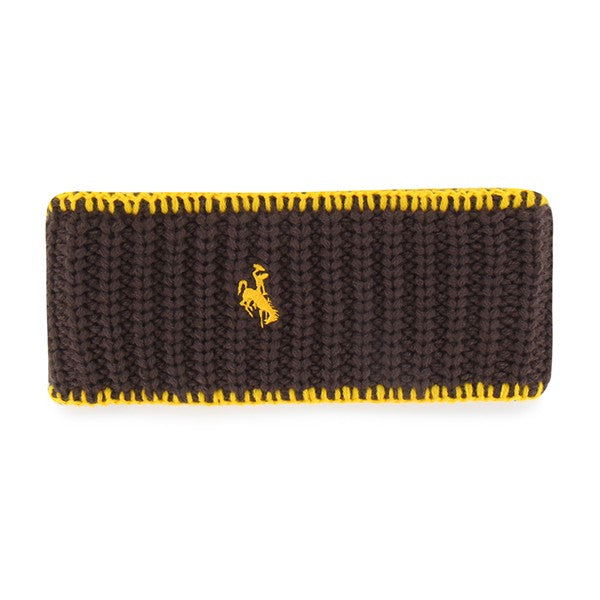 A dark brown knit headband with yellow stitched borders and a small yellow embroidered bucking horse logo in the center, shown on a plain white background.