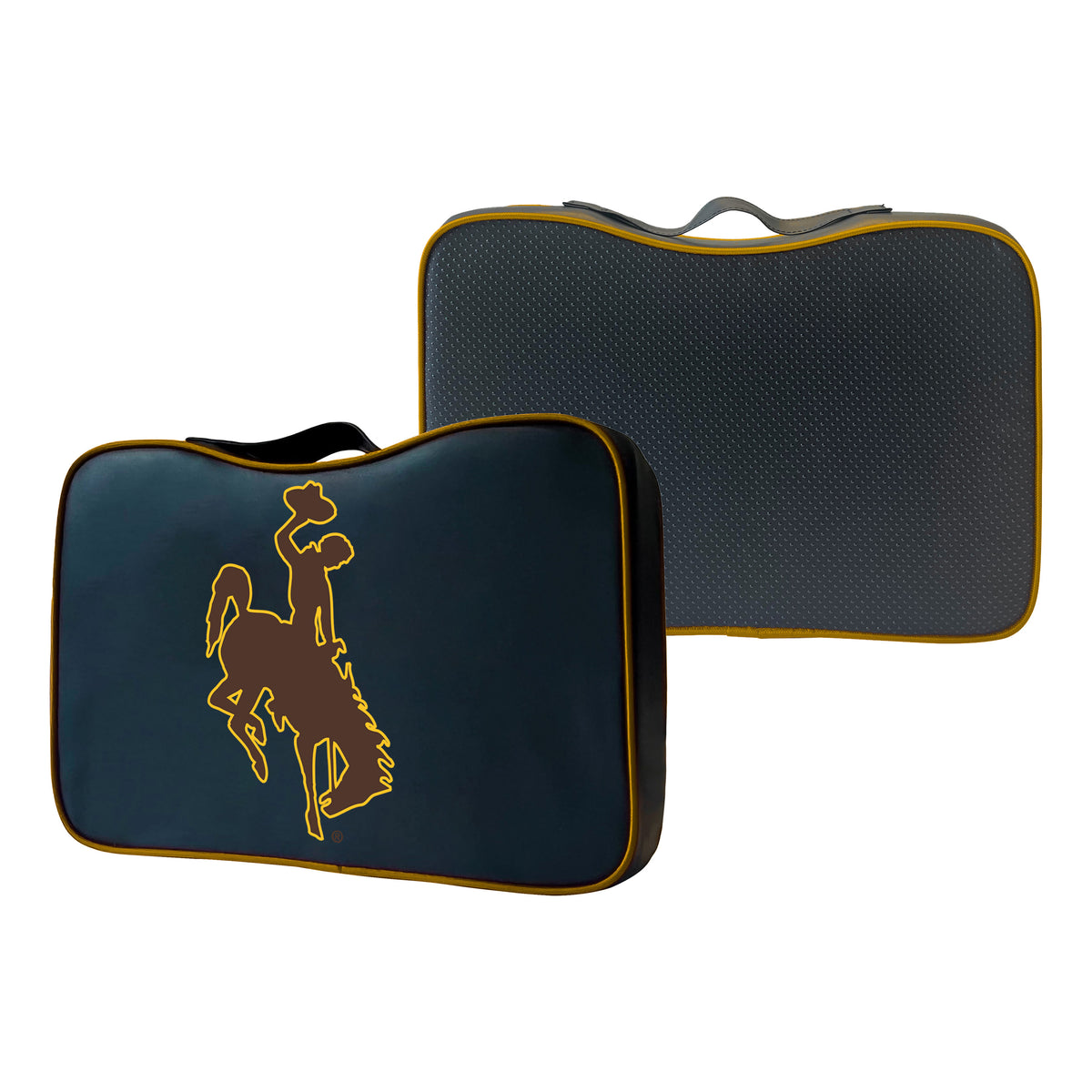 Black bleacher cushion with gold outline. Has brown bucking horse logo on front. Comes with carrying handle. Shown on a white background.