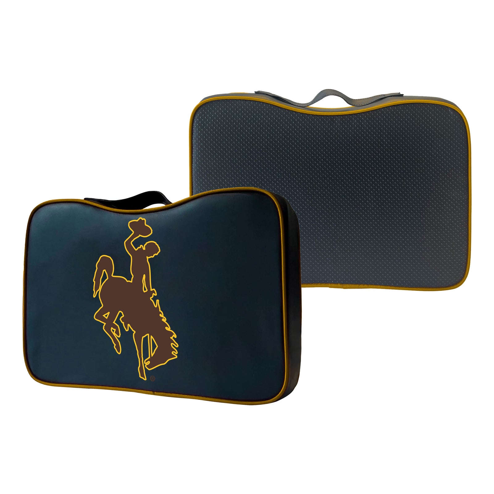 Black bleacher cushion with gold outline. Has brown bucking horse logo on front. Comes with carrying handle. Shown on a white background.