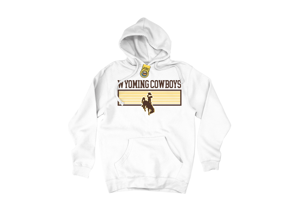 white hooded sweatshirt with design center chest. design is brown wyoming cowboys above a rectangle box that has gold stripes in it and brown bucking horse interrupting the box.