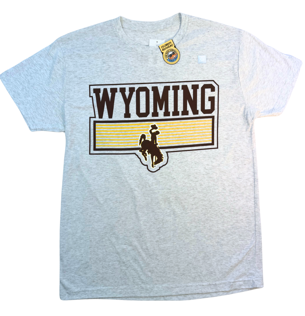 Gray t-shirt with 'Wyoming' and state outline graphic on a white background