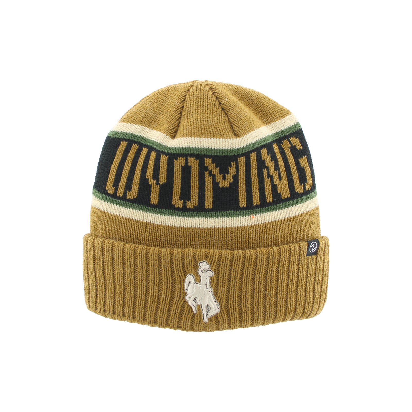A knit beanie hat in mustard yellow with a dark navy band featuring the word 'Wyoming' in yellow, bordered by cream and green stripes. The ribbed cuff features a white bucking horse logo and a small dark brand tag.