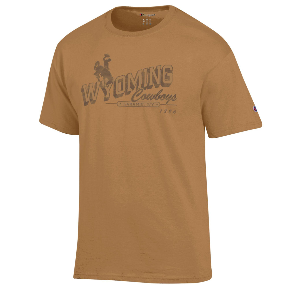 Brown t-shirt with 'Wyoming Cowboys' text and bucking horse logo on a white background