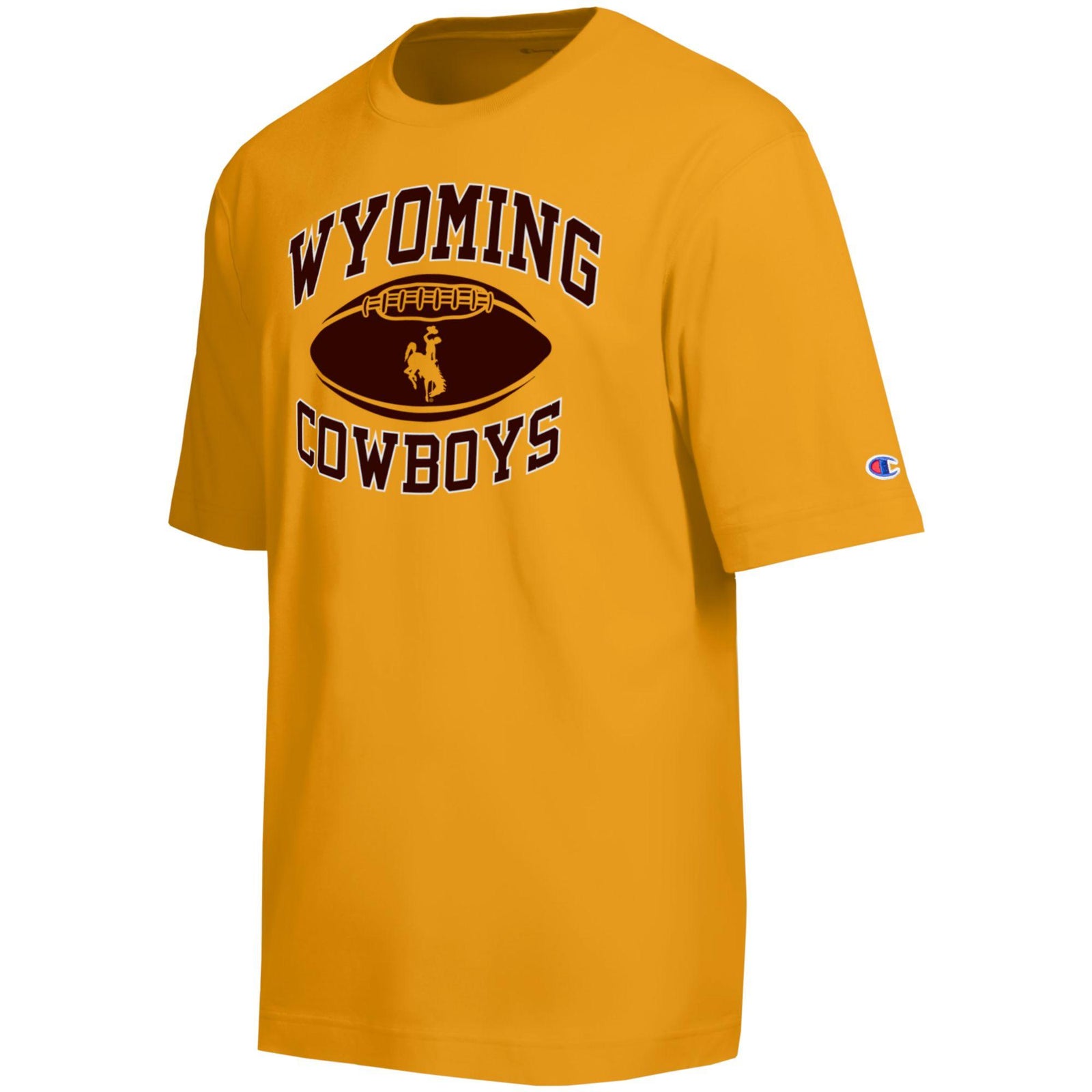 Gold champion tee shirt with 'wyoming cowboys' and a football with bucking horse logo in the middle. All center chest in white and brown. Shirt is pictured on a white background.