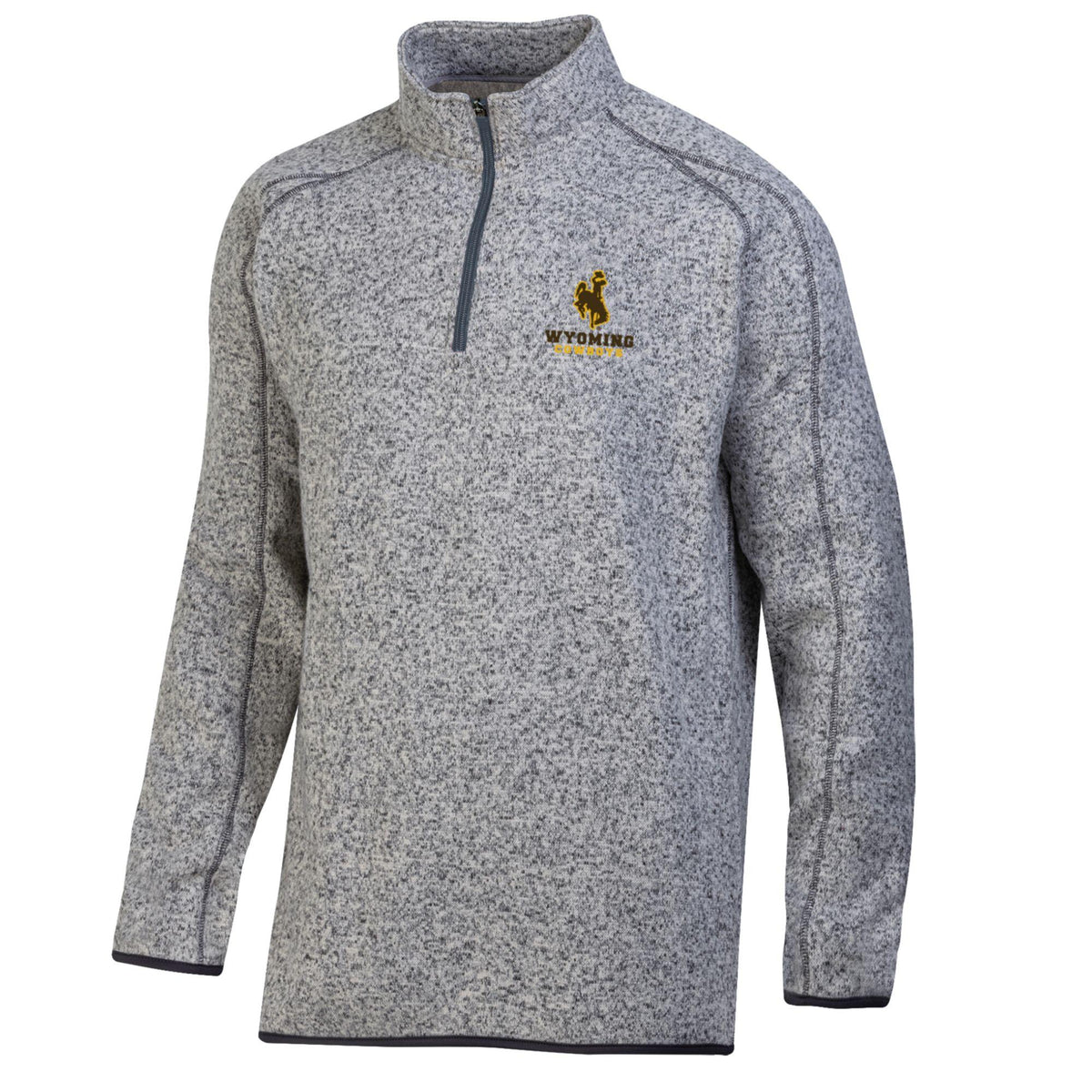 A heather gray quarter-zip pullover jacket with a black zipper and a gold and brown bucking horse logo on the left chest, displayed on a solid white background.