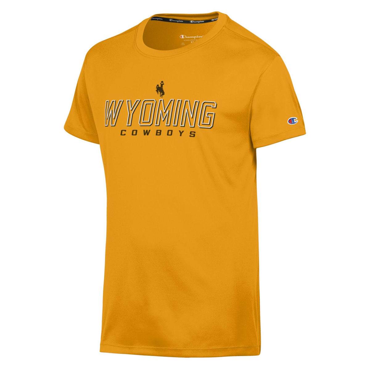 A gold short-sleeve t-shirt featuring 'WYOMING COWBOYS' printed across the chest in brown and white, with a bucking horse logo above. 