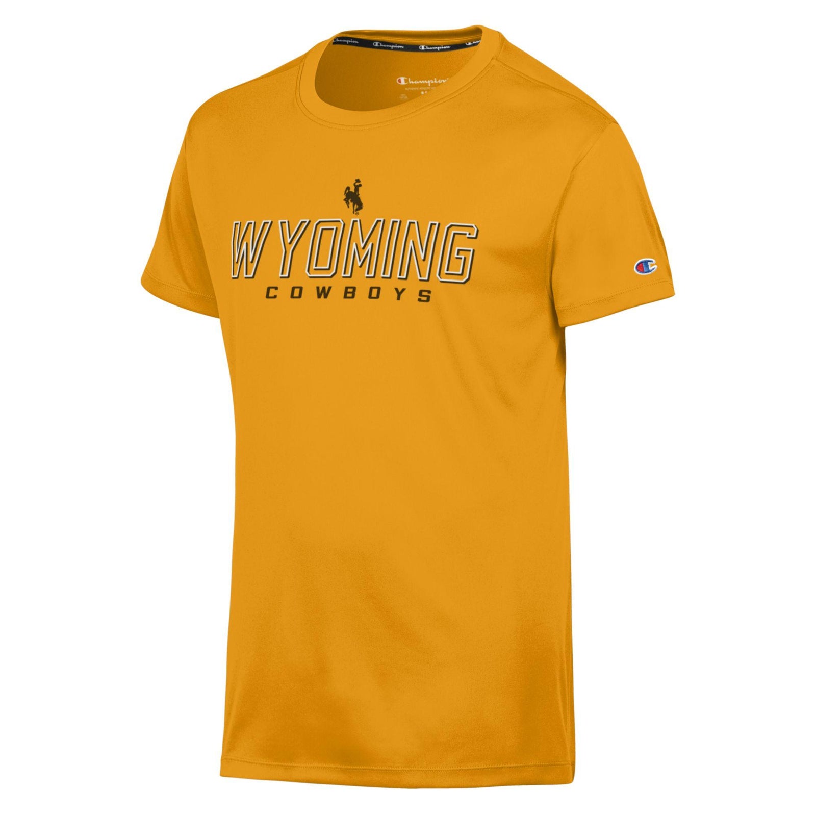 A gold short-sleeve t-shirt featuring 'WYOMING COWBOYS' printed across the chest in brown and white, with a bucking horse logo above. 