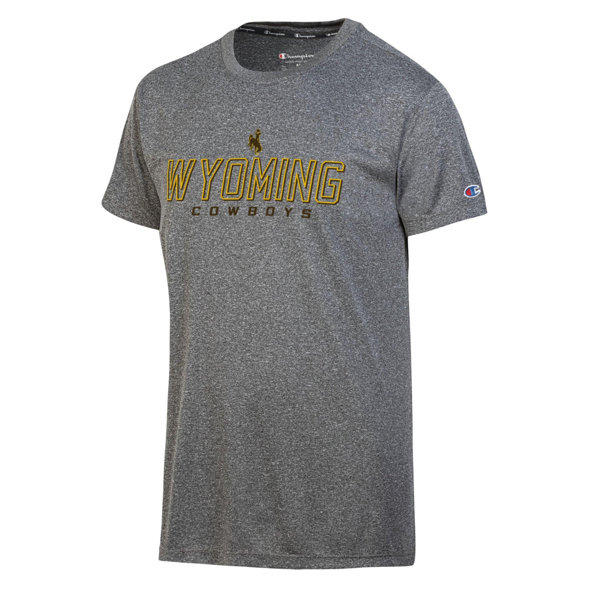 A heather gray short-sleeve t-shirt featuring 'WYOMING COWBOYS' printed in gold and black across the chest, with a bucking horse logo above and a Champion logo on the sleeve.