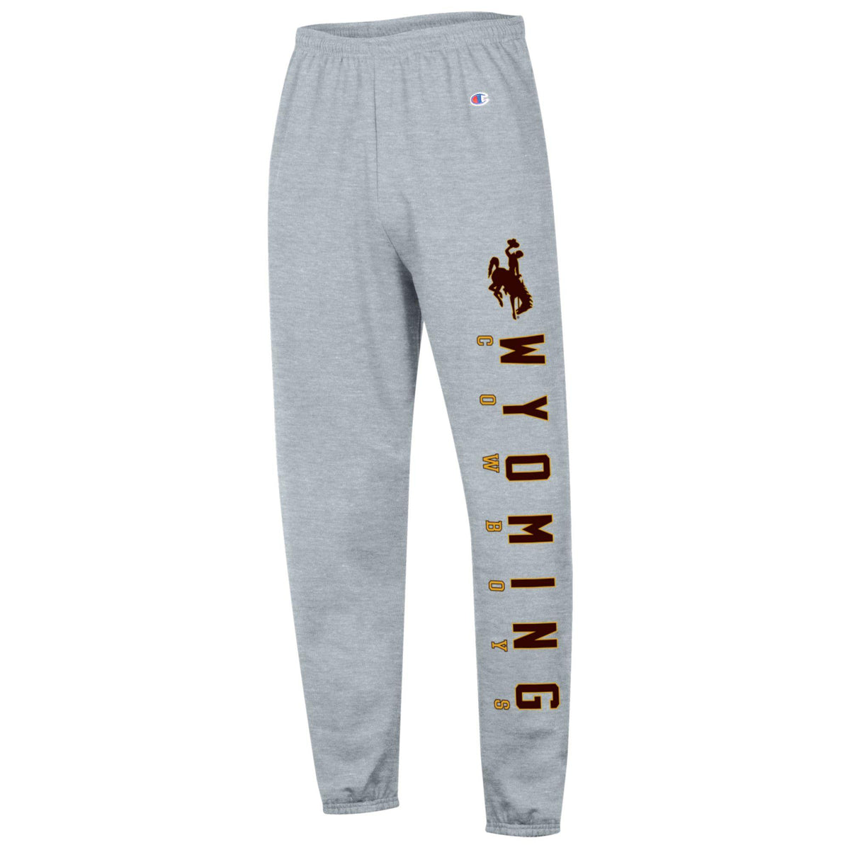 Gray sweatpants with 'Wyoming cowboys' text and bucking horse logo in brown and gold all down left pant leg