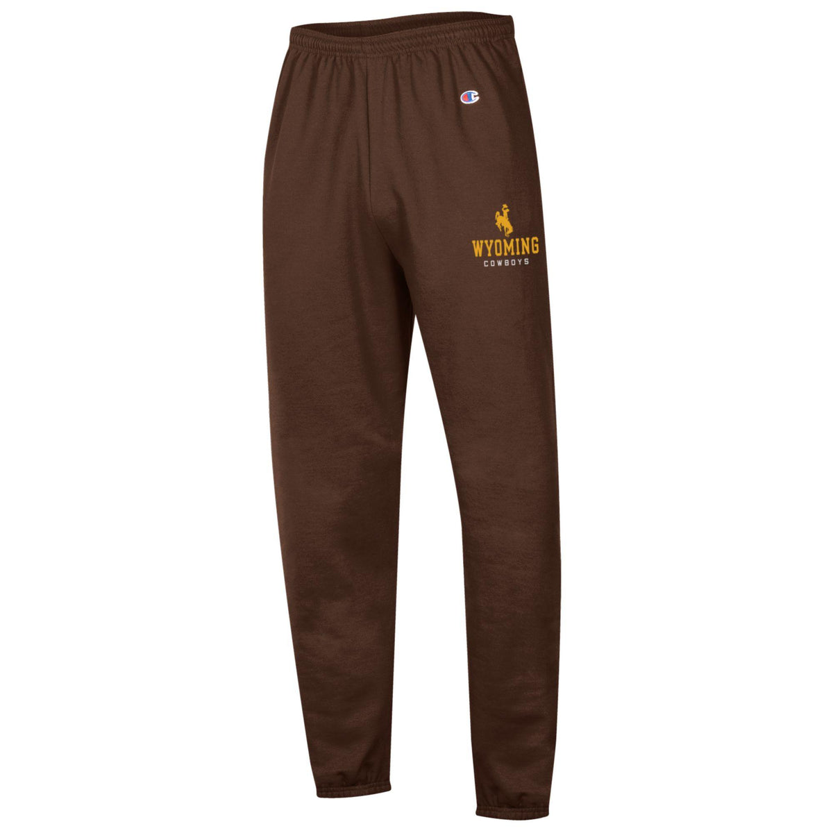Brown sweatpants with a gold bucking horse logo with 'wyoming cowboys' below pictured on a white background