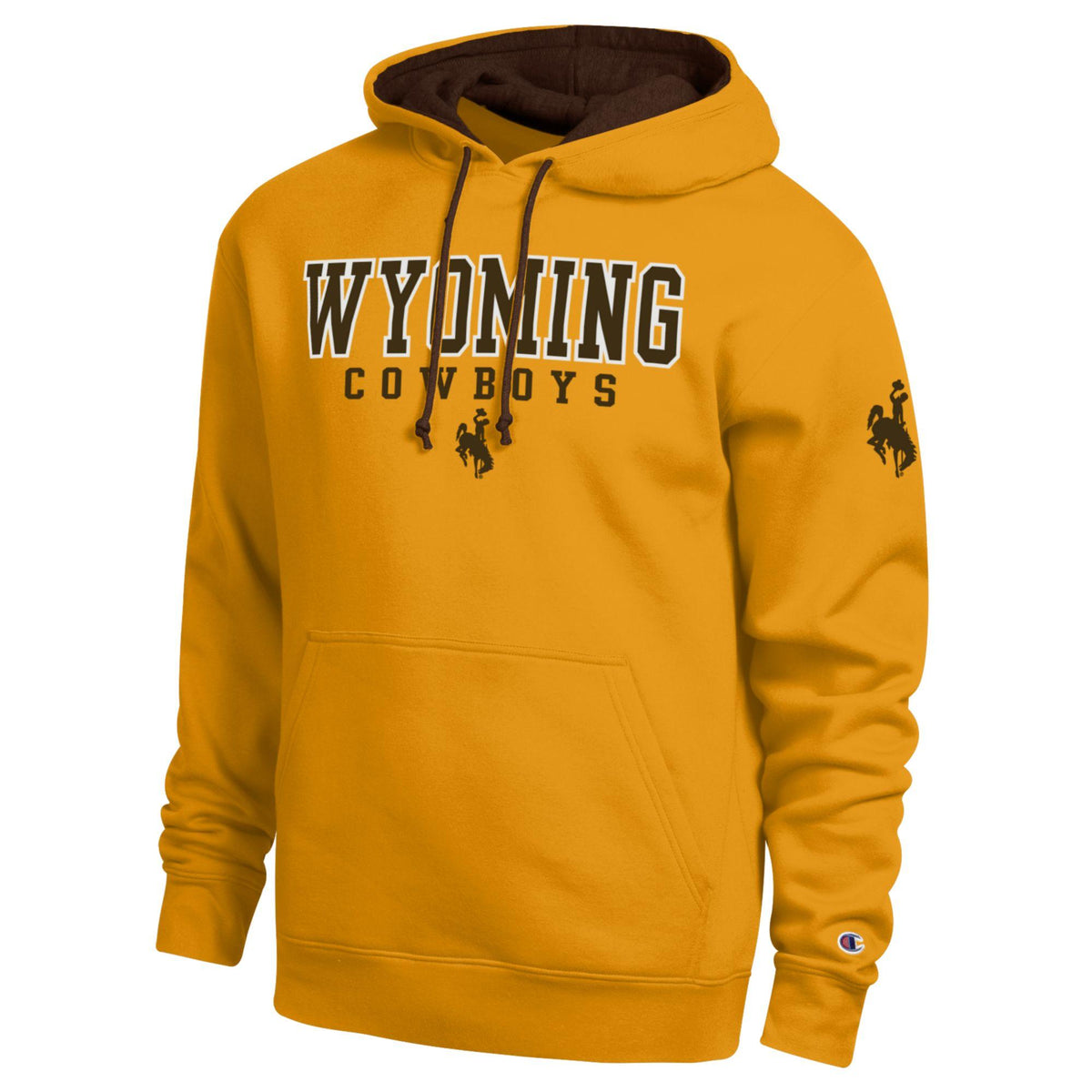 Gold champion hooded sweatshirt with 'wyoming cowboys' and bucking horse logo on front and a brown bucking horse on left arm. Pictured on a white background.