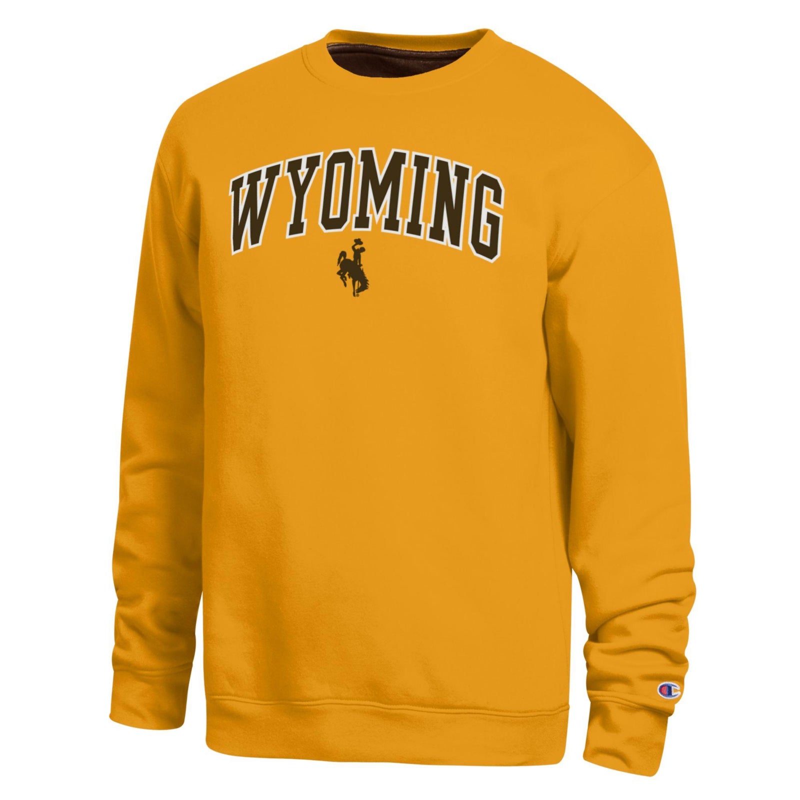 Gold crewneck with wyoming letters and bucking horse logo on center chest in brown and white. Pictured on a white background.